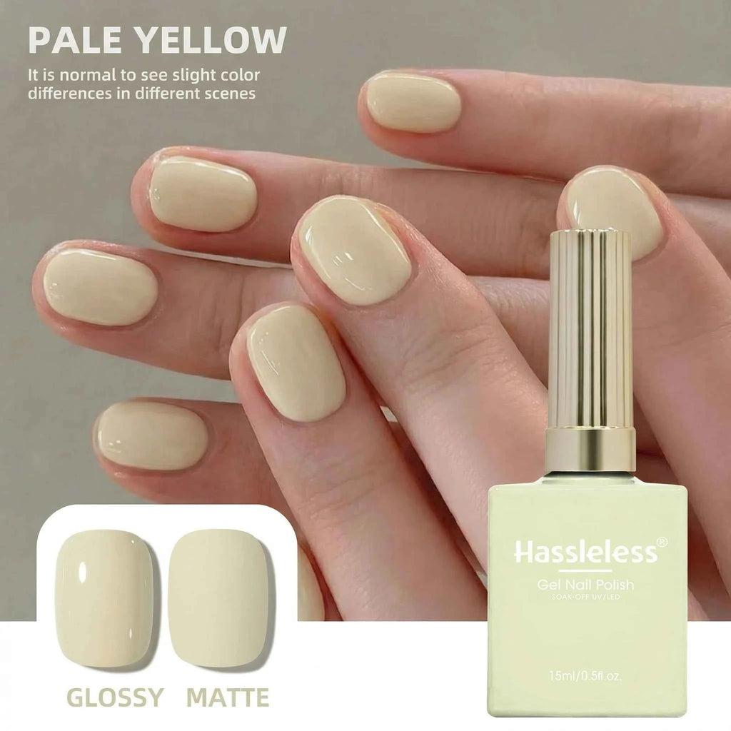 Vernis à ongles jaune pale (15ml) Pale Yellow Solid-Color Nail Gel — Simple, Beginner-Friendly Soak-Off Gel Polish, Suitable for All Se
