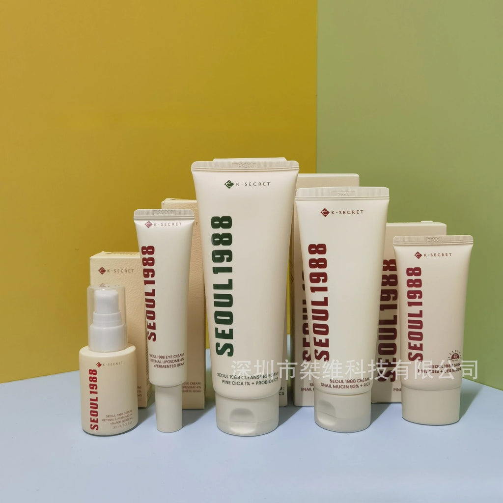 Coffret Skincare Coréen Séoul 1988 – Essence, Crème Yeux Rétinol, Solaire & Nettoyant