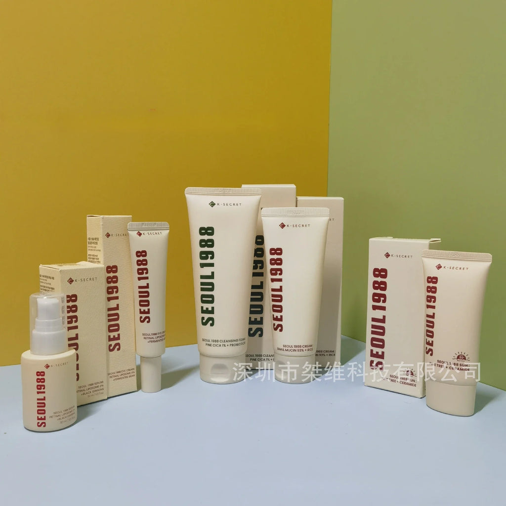 Coffret Skincare Coréen Séoul 1988 – Essence, Crème Yeux Rétinol, Solaire & Nettoyant
